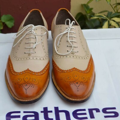 Brown Beige Leather Oxford Wingtip Shoes, Bespoke Handmade Men Classic Dress Shoes