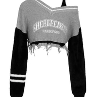 Grey Hollow Out Off Shoulder Cropped Sweater  - Thumbnail 5