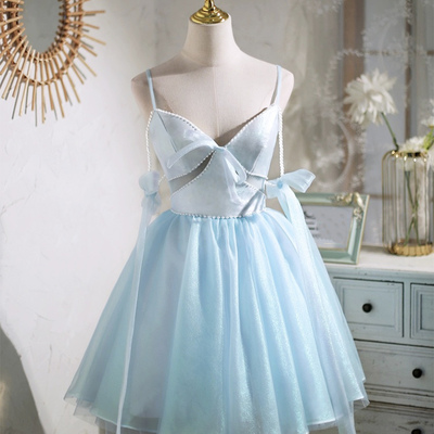 Blue spaghetti strap v-neck tulle short prom dress - Thumbnail 1