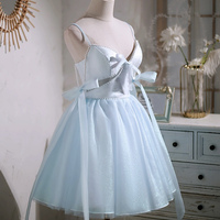 Blue Spaghetti Strap V-Neck Tulle Short Prom Dress - Thumbnail 3