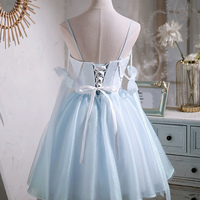 Blue Spaghetti Strap V-Neck Tulle Short Prom Dress - Thumbnail 4