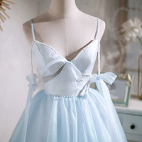 Blue Spaghetti Strap V-Neck Tulle Short Prom Dress - Thumbnail 2