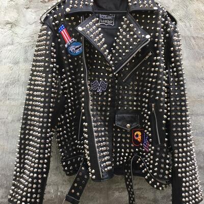  new mens punk rock full silver studded patches black leather jacket - Thumbnail 5