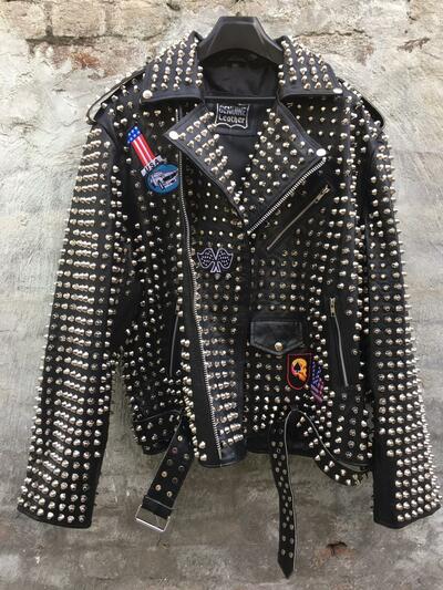  New Mens Punk Rock Full Silver Studded Patches Black Leather Jacket