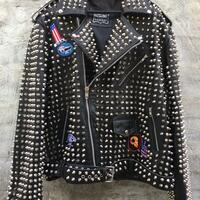  New Mens Punk Rock Full Silver Studded Patches Black Leather Jacket - Thumbnail 1
