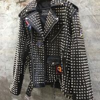  New Mens Punk Rock Full Silver Studded Patches Black Leather Jacket - Thumbnail 2