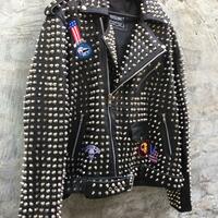  New Mens Punk Rock Full Silver Studded Patches Black Leather Jacket - Thumbnail 3