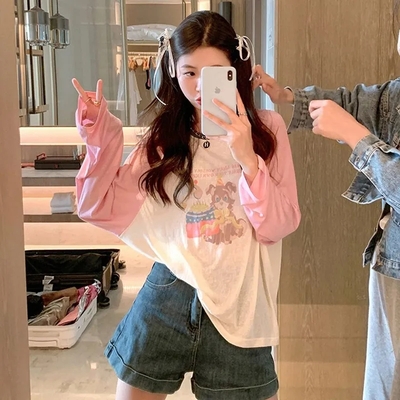 Pink Teddy Bear Patchwork Long Sleeve Shirt 