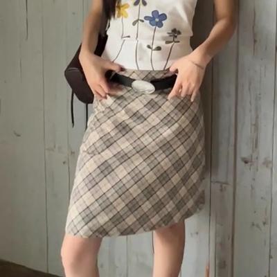Plaid a-line midi skirt