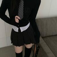 Black Stripe Pleated Mini Skirt  - Thumbnail 3