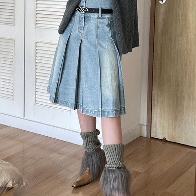 Denim pleated high waist midi skirt 