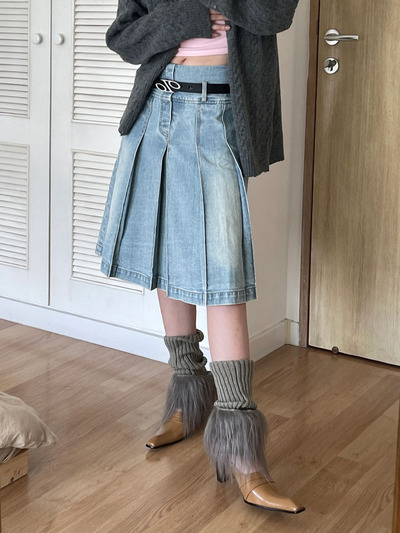 Denim Pleated High Waist Midi Skirt 