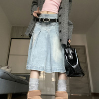 Denim Pleated High Waist Midi Skirt  - Thumbnail 1