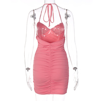 Pink Pleated Halter Bodycon Mini Dress  - Thumbnail 5