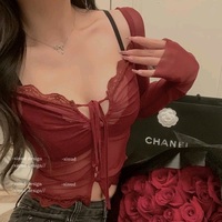 Red Lace See Through Blouse  - Thumbnail 4