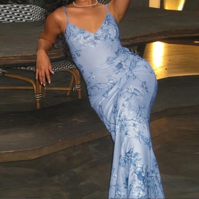 Blue Floral V Beach Maxi Dress 