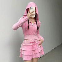 2PCS Pink Zipper Hoodie + Tiered Mini Skirt Set - Thumbnail 4