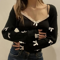 2PCS Patchwork Bow Lace Camisole + Knit Cardigan  - Thumbnail 2