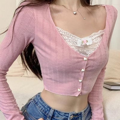 Heart button lace knit long sleeve shirt  - Thumbnail 1