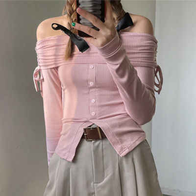 Pink Slash Neck Drawstring Long Sleeve Shirt 
