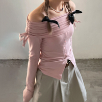 Pink Slash Neck Drawstring Long Sleeve Shirt  - Thumbnail 1