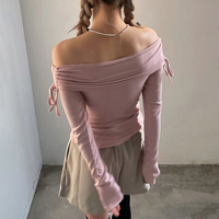 Pink Slash Neck Drawstring Long Sleeve Shirt  - Thumbnail 2