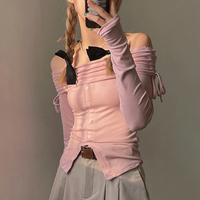 Pink Slash Neck Drawstring Long Sleeve Shirt  - Thumbnail 3