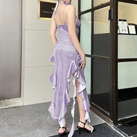 Purple Glitter Flower Frill Split Midi Dress  - Thumbnail 2