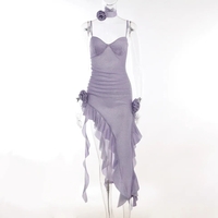 Purple Glitter Flower Frill Split Midi Dress  - Thumbnail 4