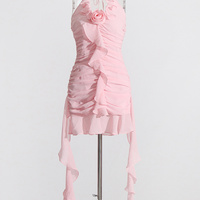 Pink Flower Halter Fold Mini Dress - Thumbnail 4