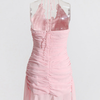 Pink Flower Halter Fold Mini Dress - Thumbnail 6