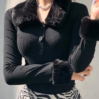 Black faux fur v neck bodycon sweater 