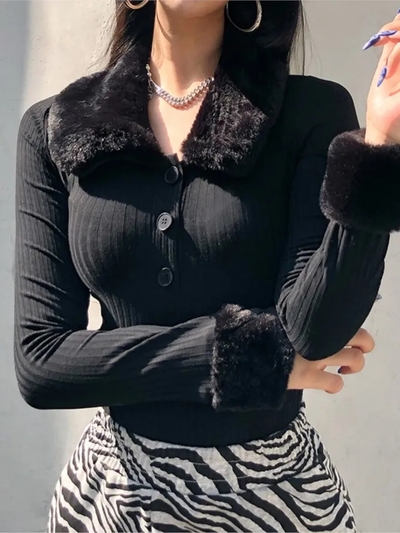 Black Faux Fur V Neck Bodycon Sweater 