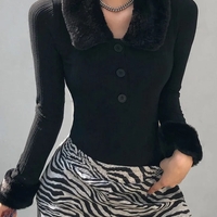 Black Faux Fur V Neck Bodycon Sweater  - Thumbnail 1