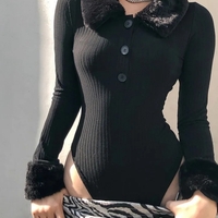 Black Faux Fur V Neck Bodycon Sweater  - Thumbnail 2