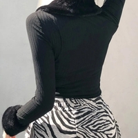 Black Faux Fur V Neck Bodycon Sweater  - Thumbnail 3