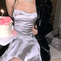 Silver Satin A-Line Mini Dress - Thumbnail 2