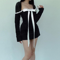 Preppy Bow Sqaure Neck Long Sleeve Dress - Thumbnail 3