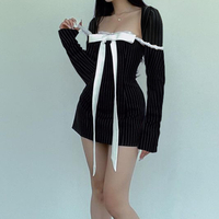 Preppy Bow Sqaure Neck Long Sleeve Dress - Thumbnail 5