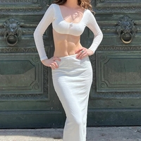 2PCS White Rose Long Sleeve Crop Top + Maxi Skirt - Thumbnail 2