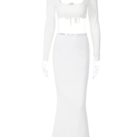 2PCS White Rose Long Sleeve Crop Top + Maxi Skirt - Thumbnail 7