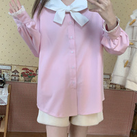 Cute Soft Pastel Pink Sailor Collar Long Sleeve T-Shirt Top - Thumbnail 1