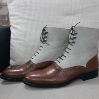 Brown Crocodile and Gray Suede Leather Ankle High Men Lace up Dress Boot - Thumbnail 1