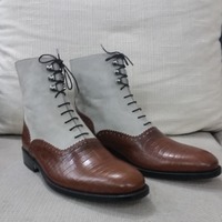 Brown Crocodile and Gray Suede Leather Ankle High Men Lace up Dress Boot - Thumbnail 2