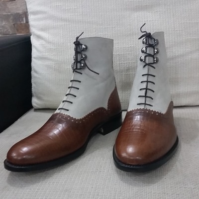 Brown crocodile and gray suede leather ankle high men lace up dress boot - Thumbnail 4