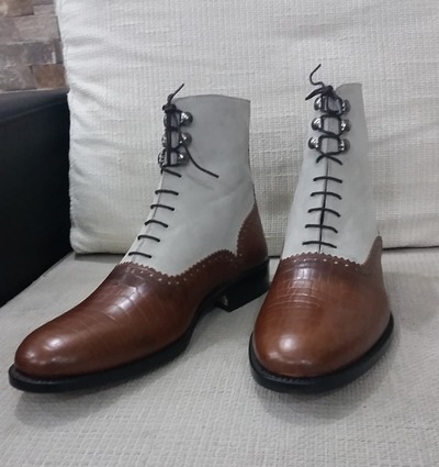 Brown Crocodile and Gray Suede Leather Ankle High Men Lace up Dress Boot