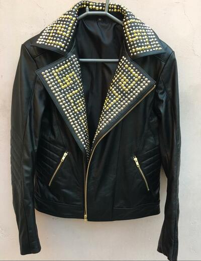 Handmade Men Punk Gold & Sliver Studded Black With Slashed Pockets