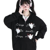 Cute Pink Black Khaki Halloween Ghost Cat Ears Oversize Hoodie Jacket - Thumbnail 3