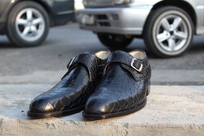 Black Crocodile Texture Leather Single Monk Strap Alligator Dress Shoes