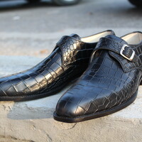 Black Crocodile Texture Leather Single Monk Strap Alligator Dress Shoes - Thumbnail 2